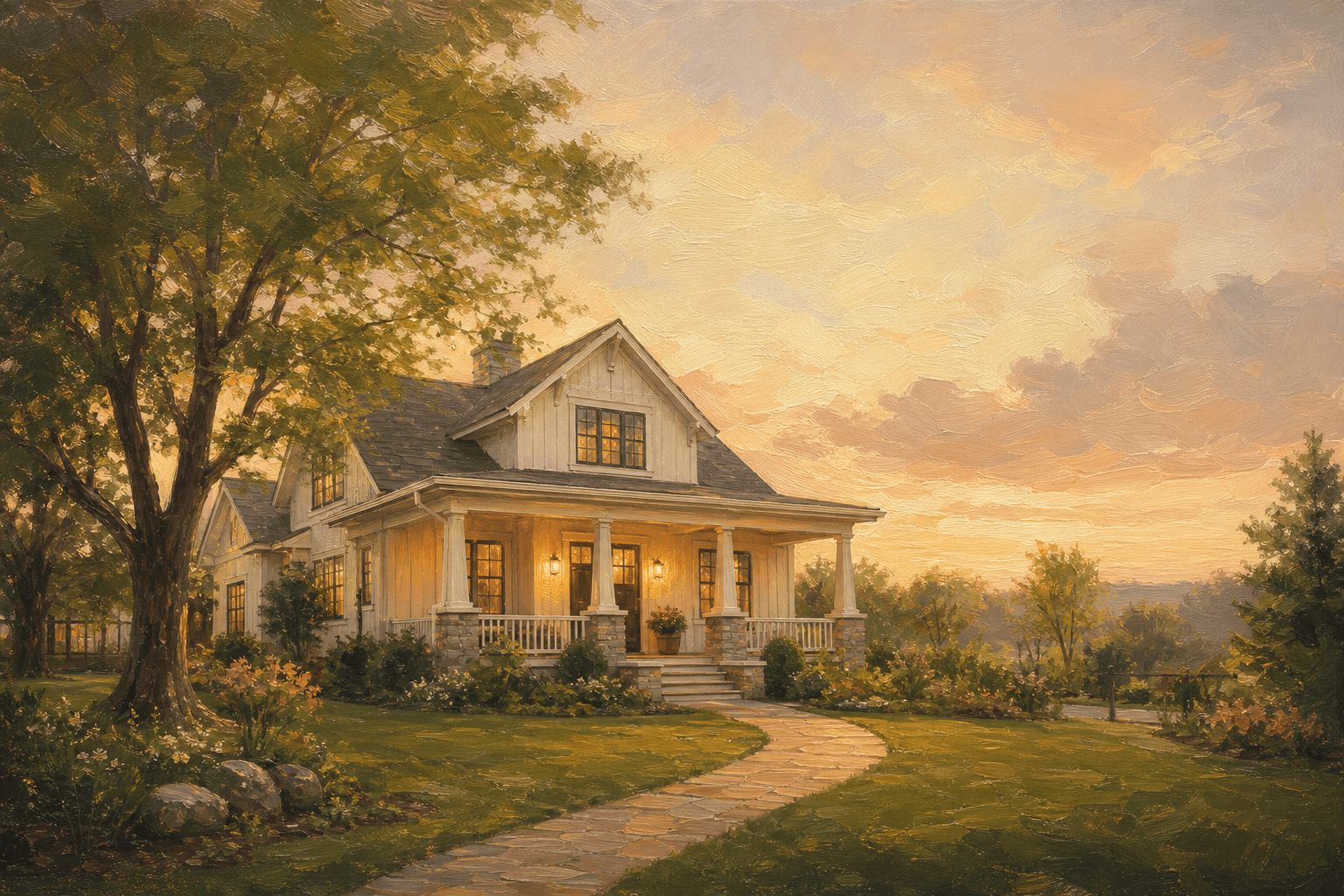 Oil painting of a warm home at golden hour